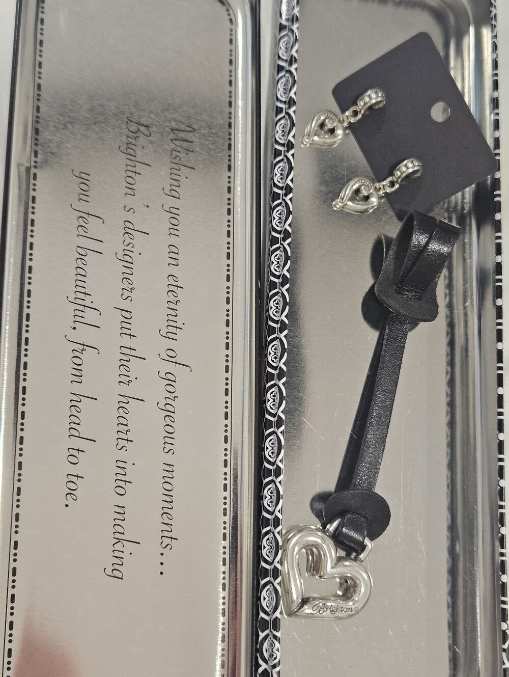 3 Piece Set Brighton Silver Heart Purse Charm + Heart Earrings & Storage Tin